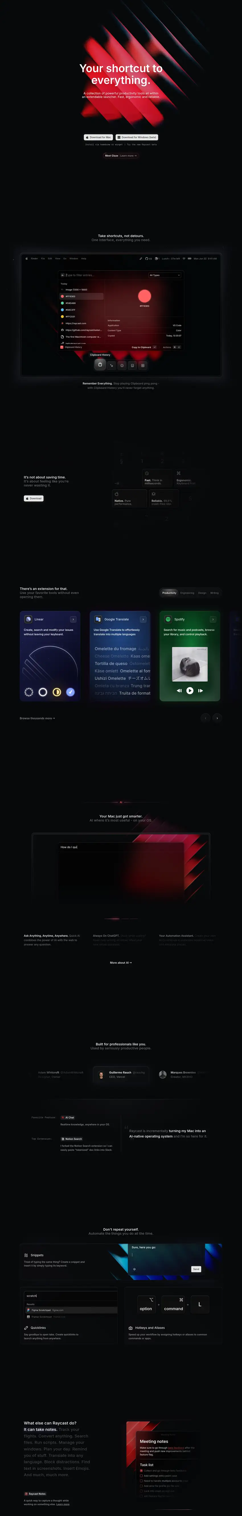 Captura de la web de Raycast